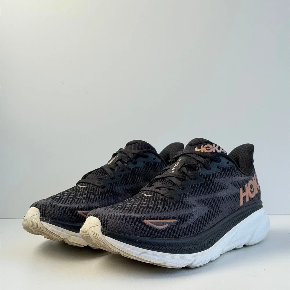 Hoka Clifton 9 Women 8 Black Rose Gold Road Running Shoes Cushion Comfort Gym